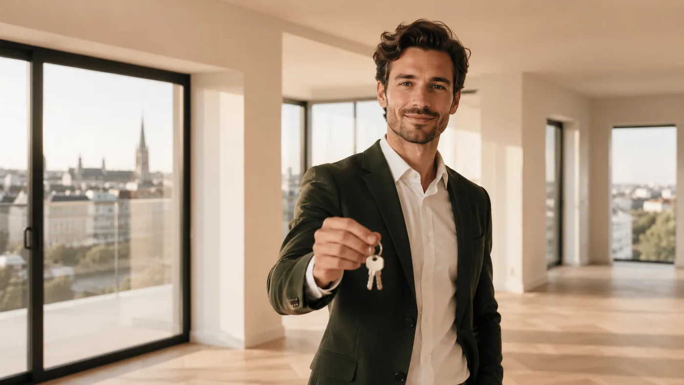 Makler in einer hellen Luxuswohnung mit Schlüssel