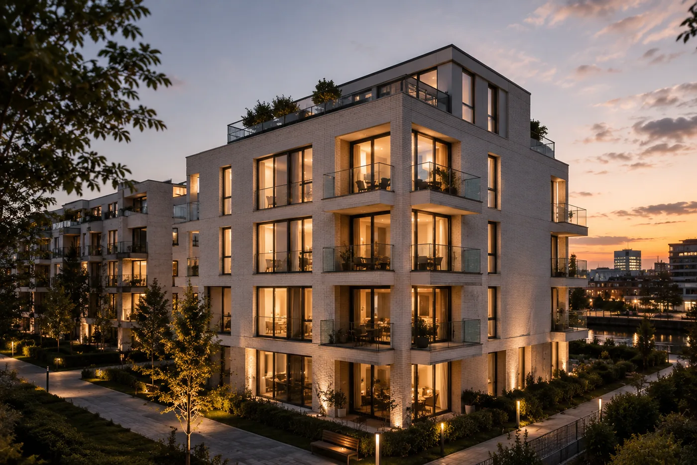 Verkauftes Neubau-Quartier in Hamburg bei Sonnenuntergang