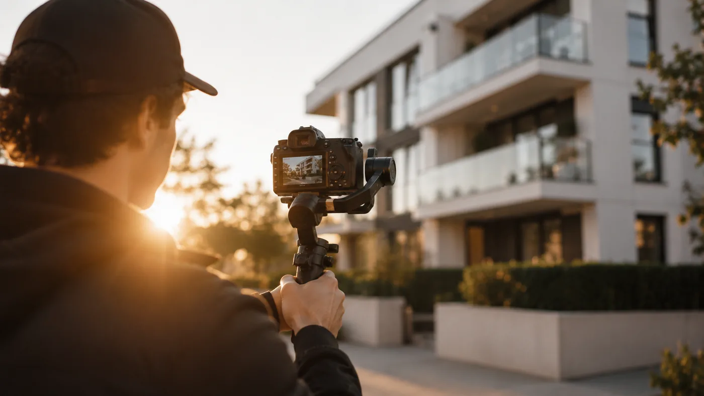 Videograf filmt ein modernes Wohngebäude