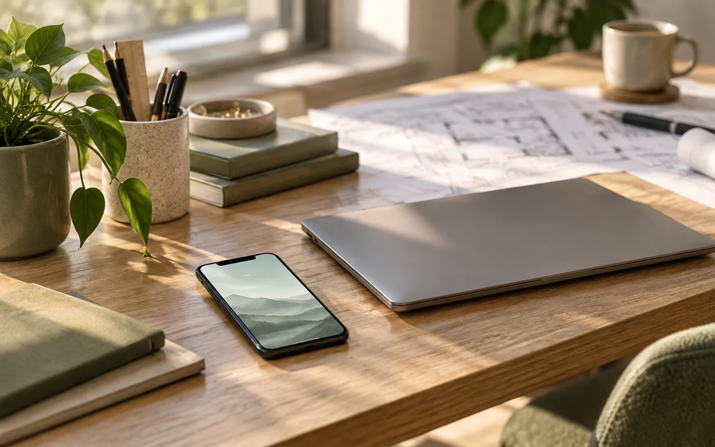 Reaktionszeit auf Immobilienanfragen Schreibtisch mit Smartphone, Laptop und Grundriss im Nachmittagslicht