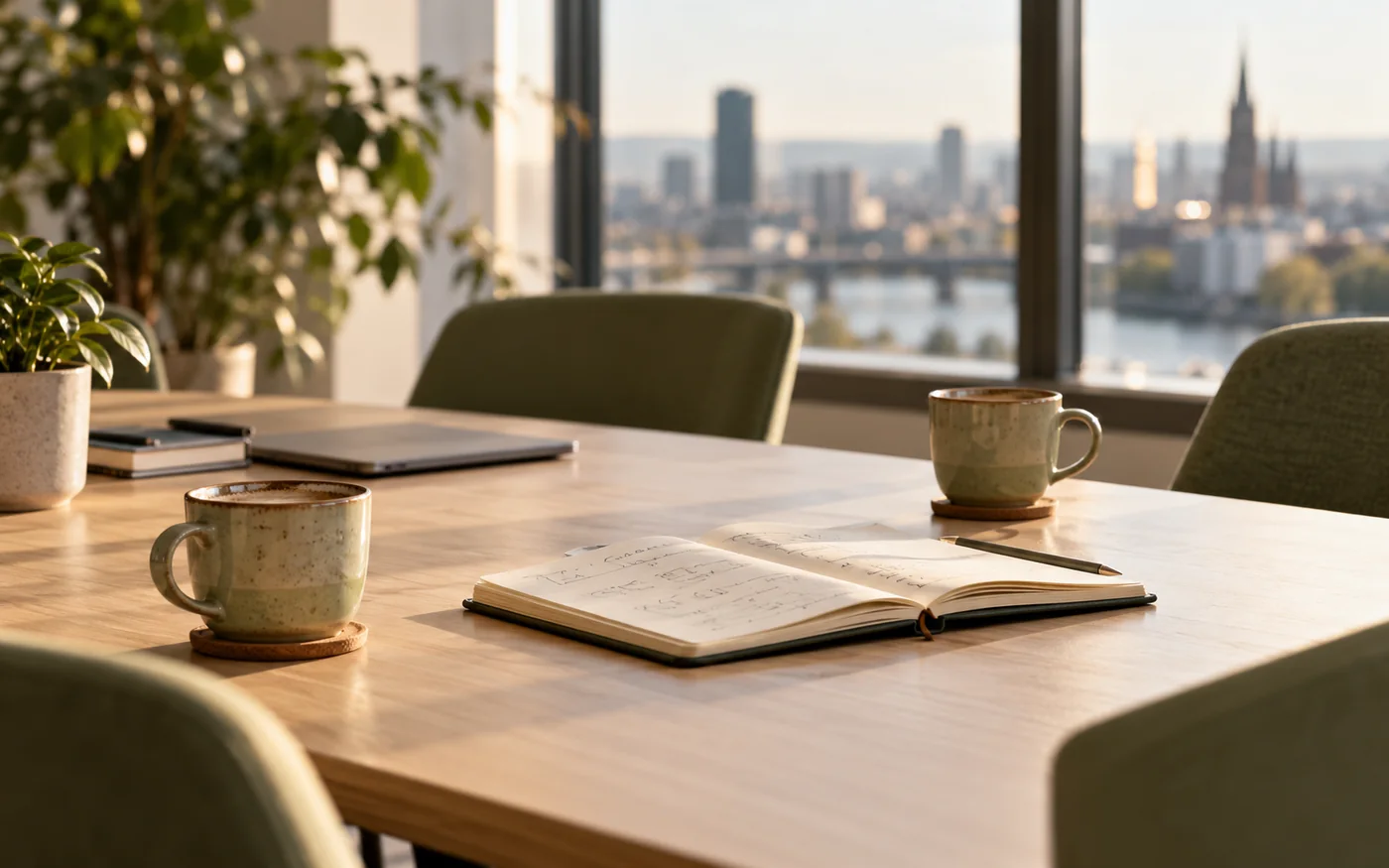 Besprechungstisch mit zwei Tassen und offenem Notizbuch vor einer Fensterfront mit Stadtblick