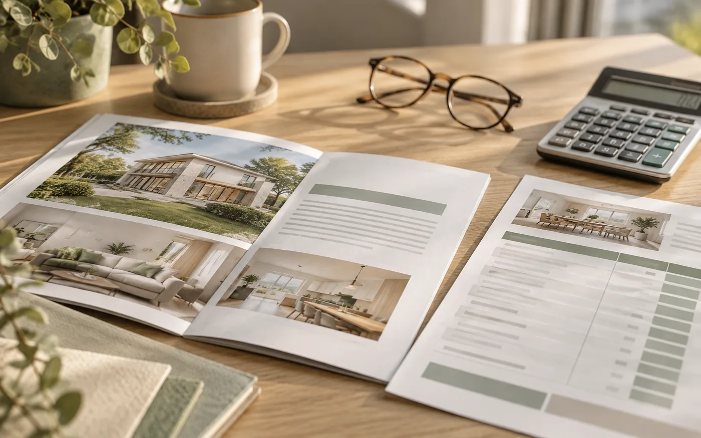 Preis in der Immobilienanzeige Exposé und Preisliste eines Neubauprojekts auf einem Schreibtisch