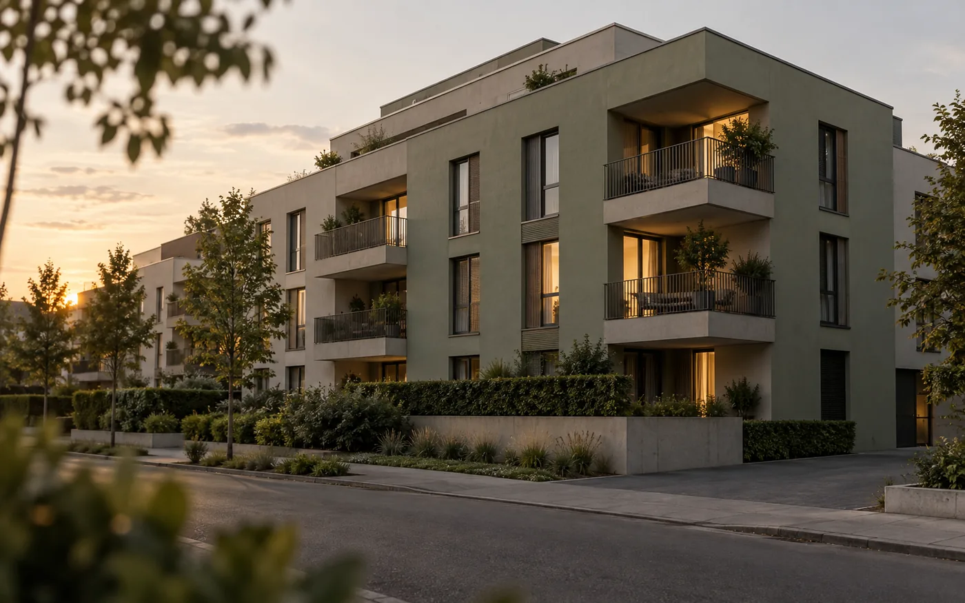 Restvermarktung der letzten Einheiten Fertiggestelltes Neubau-Mehrfamilienhaus am Abend mit wenigen beleuchteten Fenstern