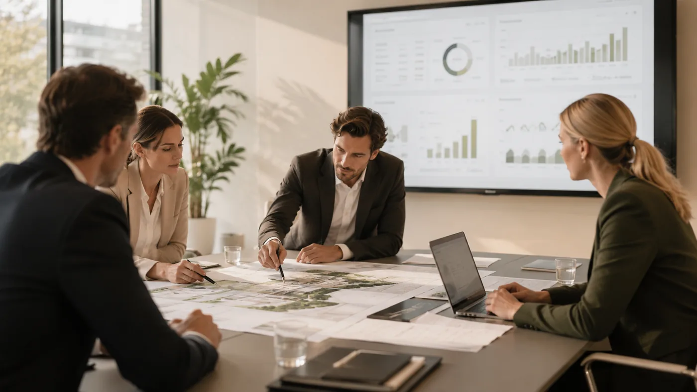 Projektentwickler analysieren Vermarktungsdaten im Meetingraum